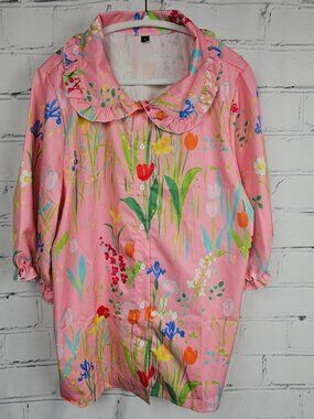 Floral Ruffle Collar Button-Up Blouse Shirt Top Womens Large Balloon Sleeve